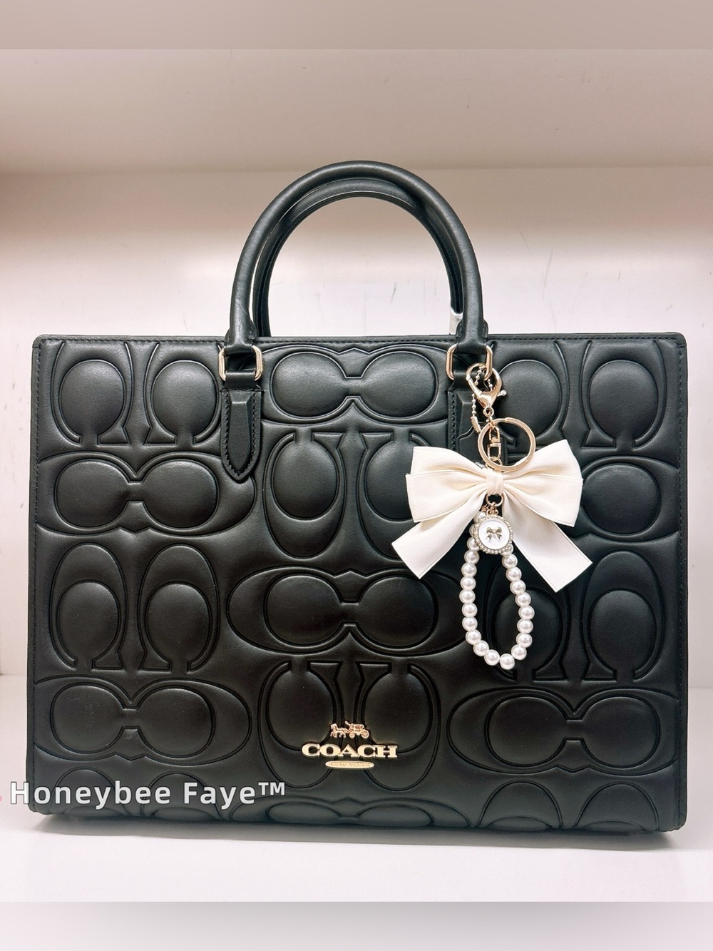 Coach Maggie Black Quilted signature leather Tote with Pearl Bow Charm cy672